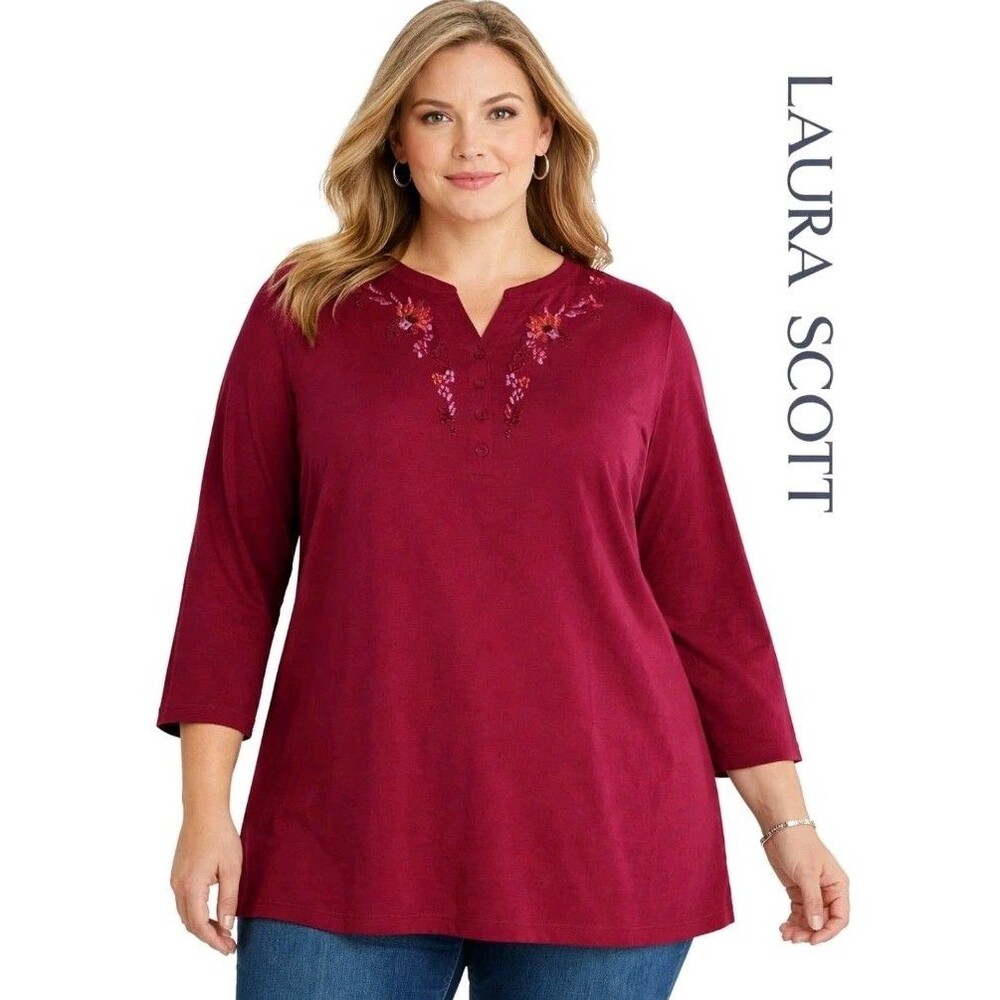 NWT LAURA SCOTT Womens 20/22W Knit Henley Embroidery 3/4 Sleeve Cotton Top Pink